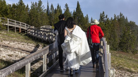 Brautpaar auf Weg zum Grand Prismatic Spring
