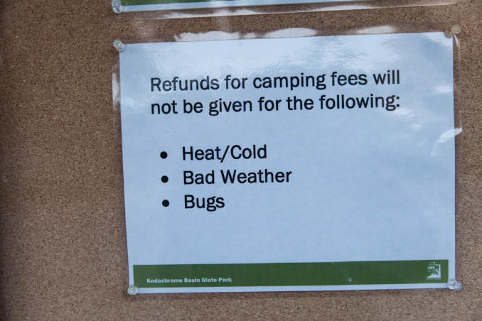 Hinweisschild am Kodachrome Basin Campingplatz